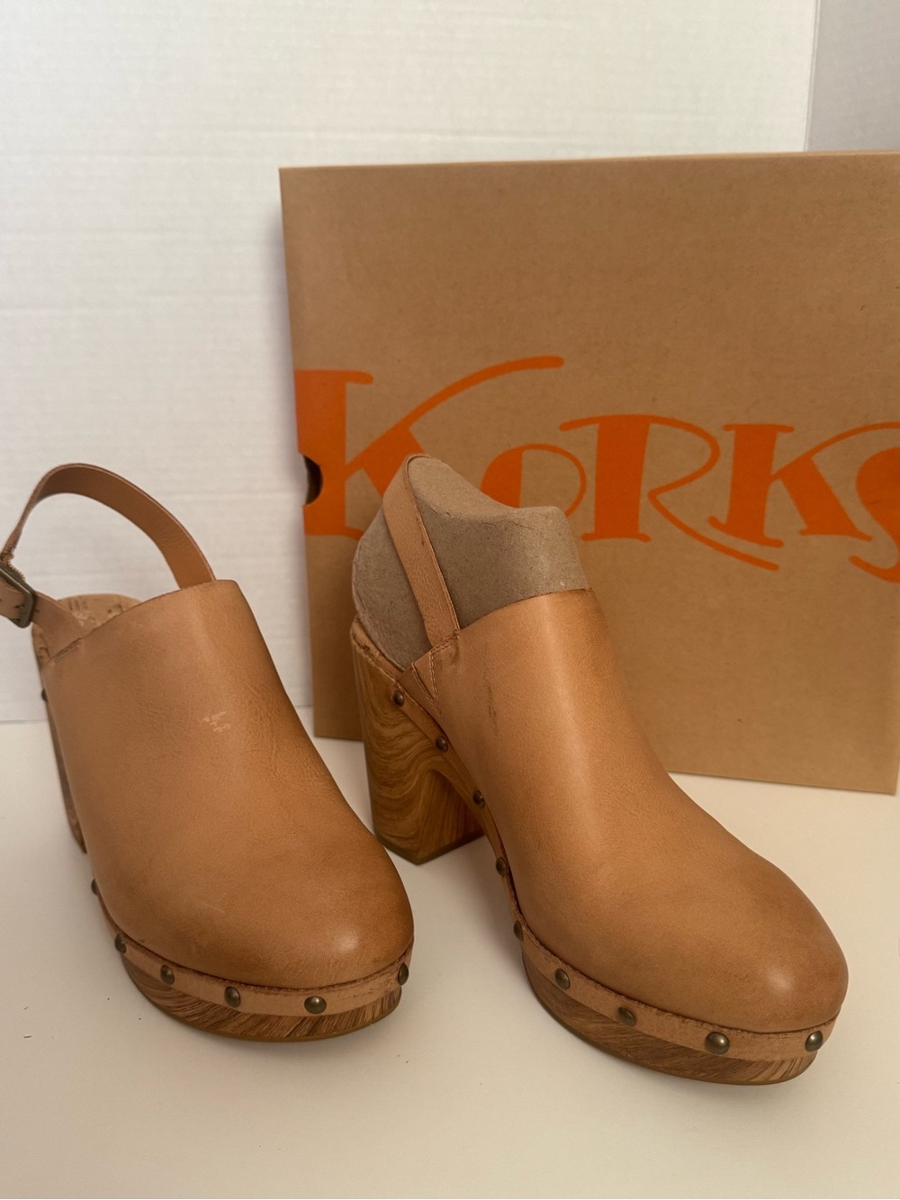 Kork-Ease Tan Leather Studded Wooden Clog Heels